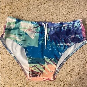 Colorful Tropical Print Swim Trunks size large